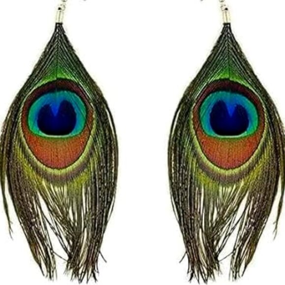 Peacock Feather Hook Dangle Boho Earrings - Picture 4 of 5
